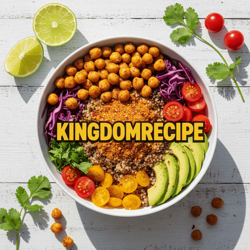 Colorful grain bowl with chickpeas, avocado, and fresh vegetables