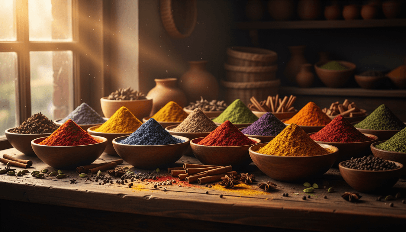 Colorful exotic spice blends in bowls showcasing island heat, Southern soul, and smoky barbecue seasonings