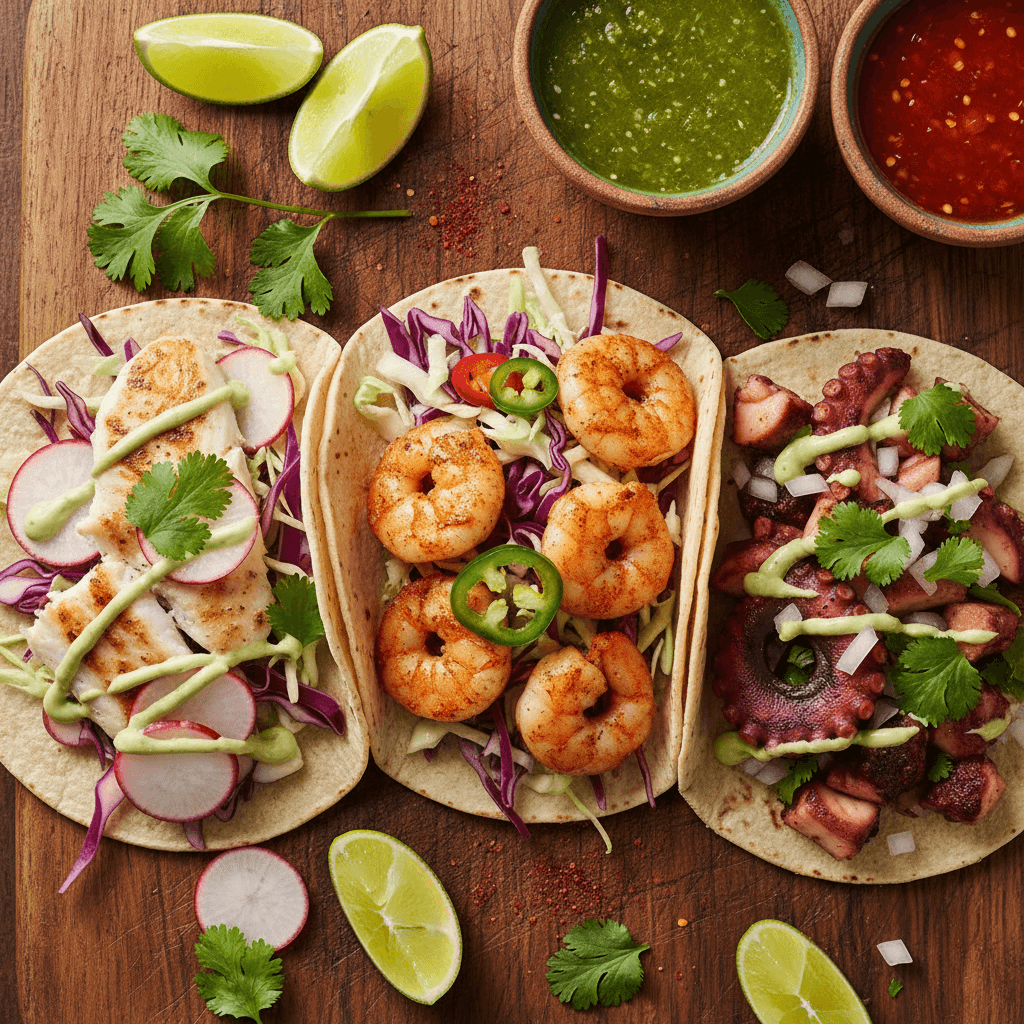 Trio of vibrant seafood tacos with fish, shrimp, and octopus, topped with cabbage, cilantro, and lime crema on wooden board