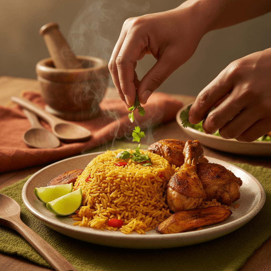 Close-up of hands plating golden jollof rice with fresh cilantro and lime on ceramic plate