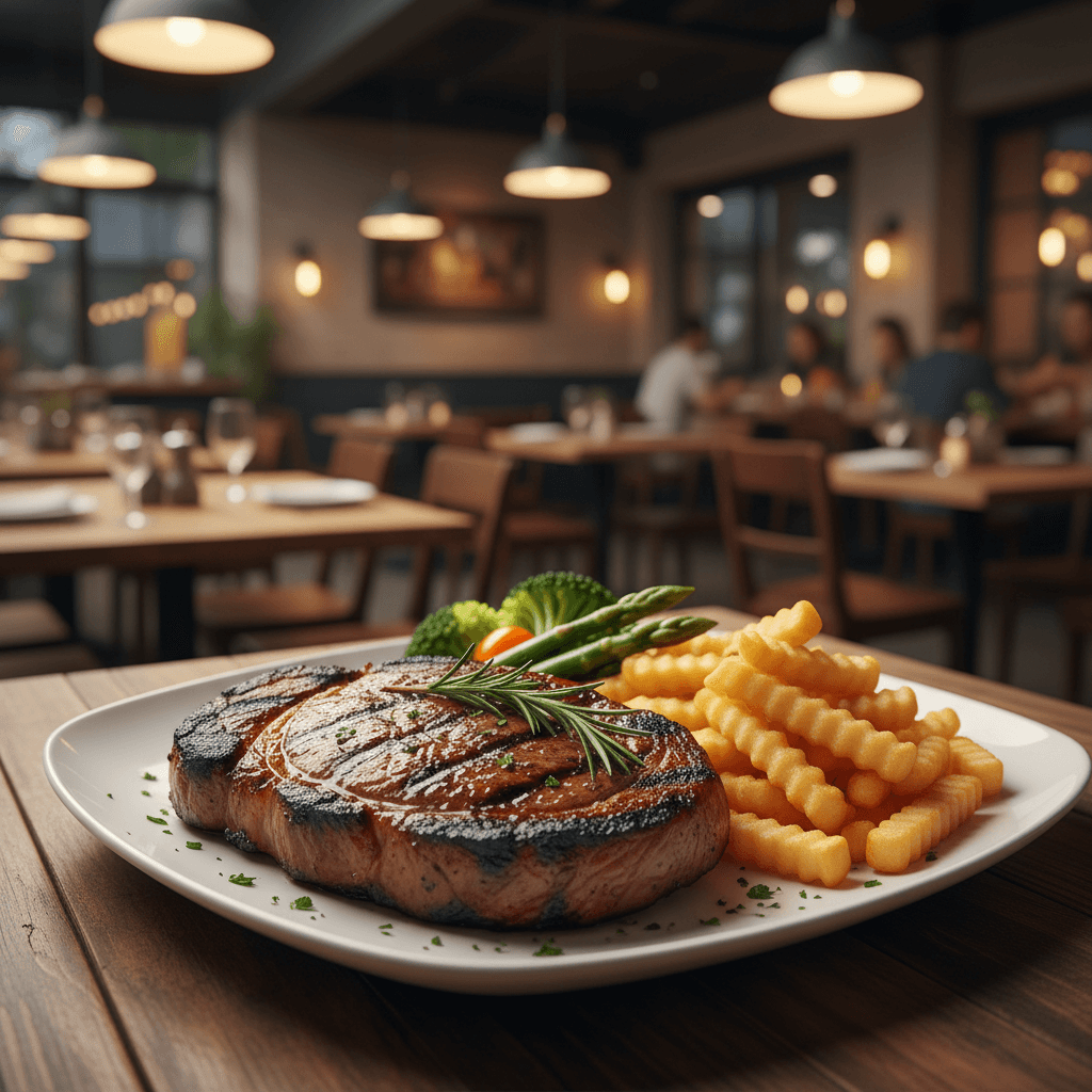 Grilled ribeye steak with charred crust, crispy fries, and fresh vegetables on white plate in warm restaurant lighting