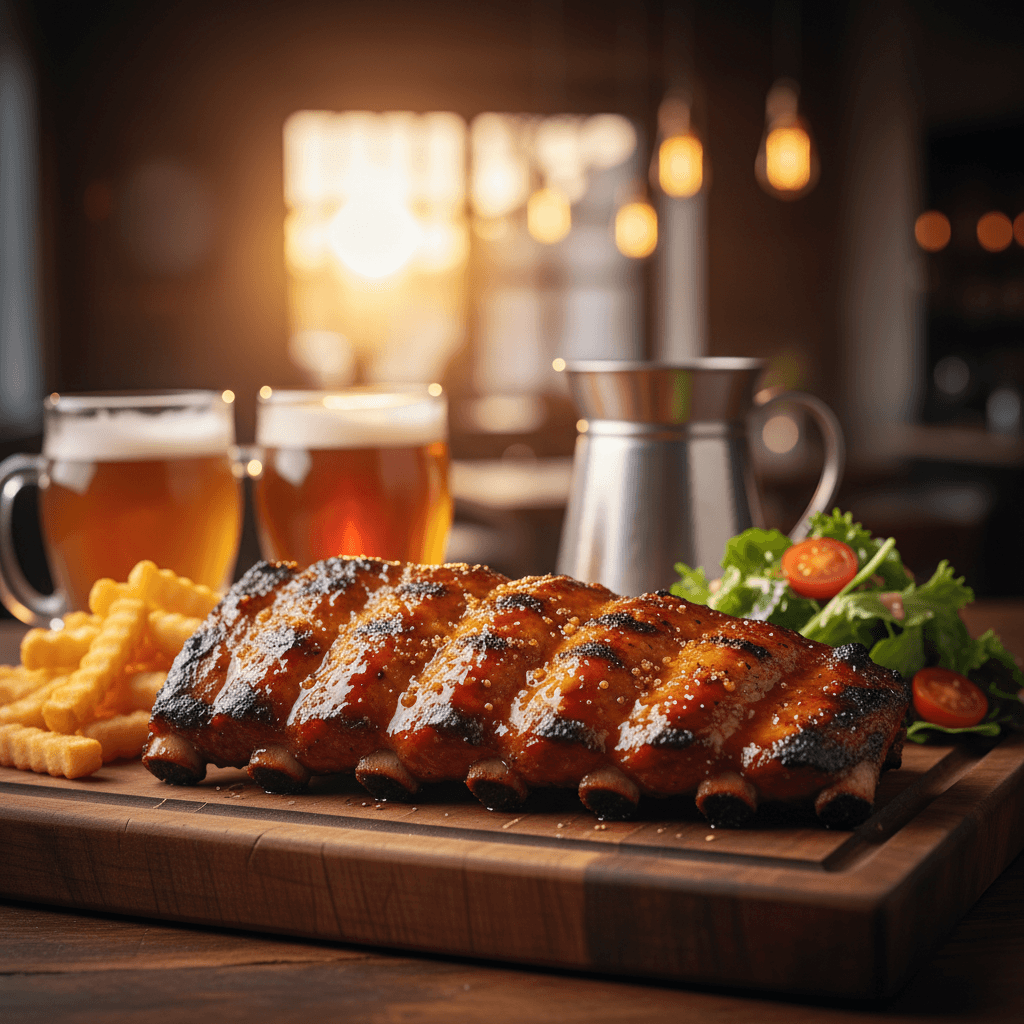 Grilled ribs with caramelized glaze, golden fries, and fresh salad on wooden board in warm lighting
