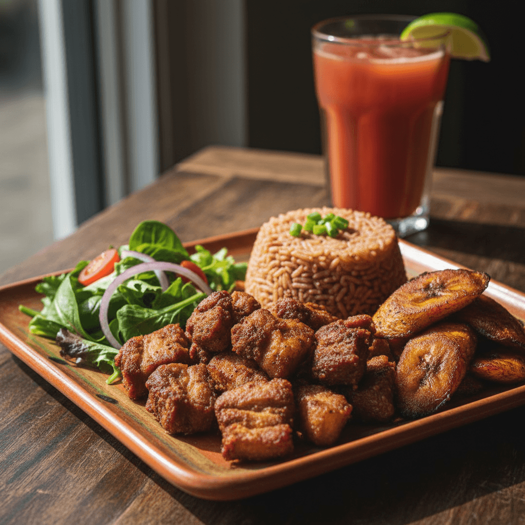 Authentic Caribbean plate with griot, rice and beans, plantains, and fresh salad on rustic ceramic dinnerware
