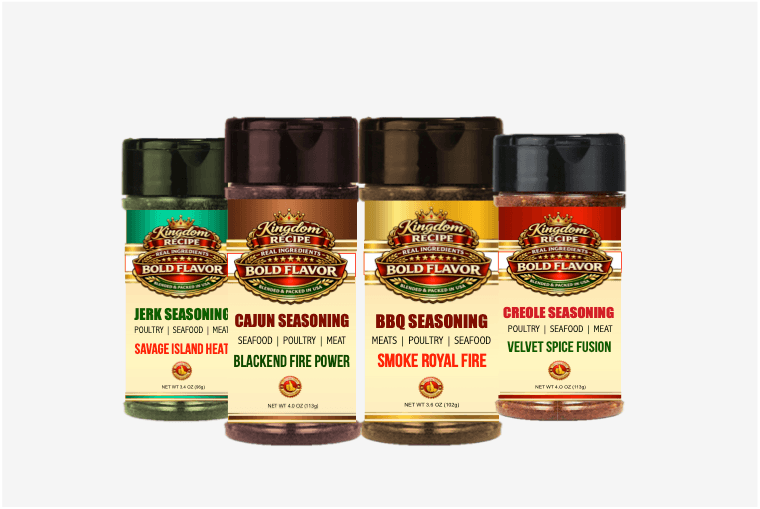 Four Kingdom Recipe spice jars: Jerk, Cajun, BBQ, and Creole seasonings with bold flavor.