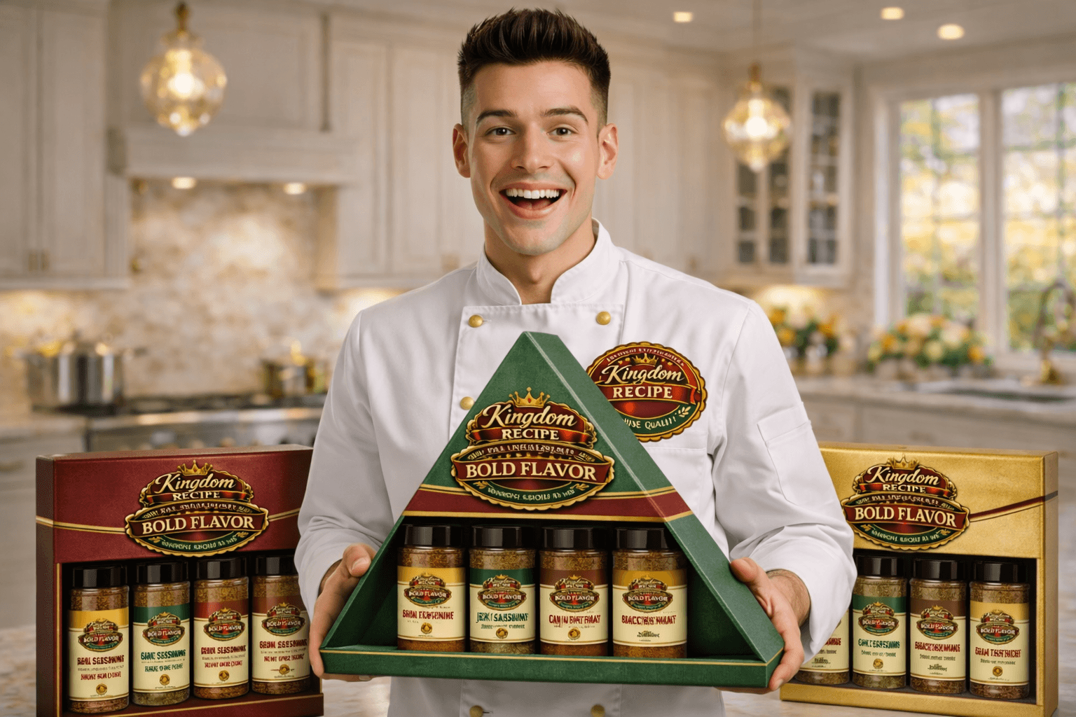 Cheerful chef holding a triangular Kingdom Recipe Bold Flavor seasoning gift set in a kitchen.