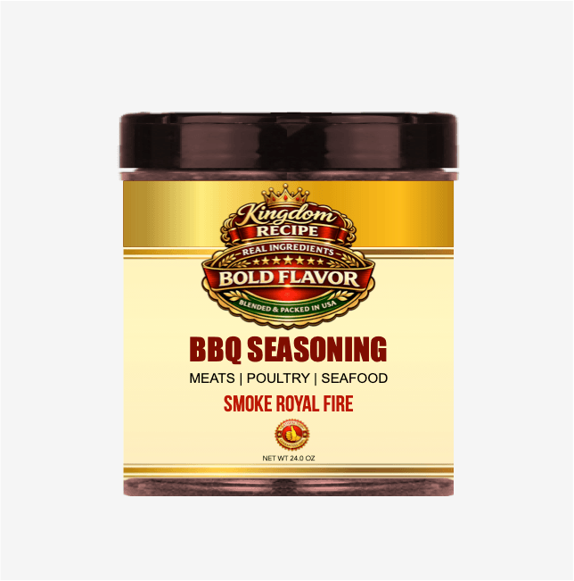 Kingdom Recipe Smoke Royal Fire BBQ Seasoning jar for meats, poultry, and seafood.