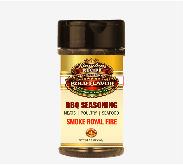 Kingdom Recipe Smoke Royal Fire BBQ seasoning jar with a gold and red label.