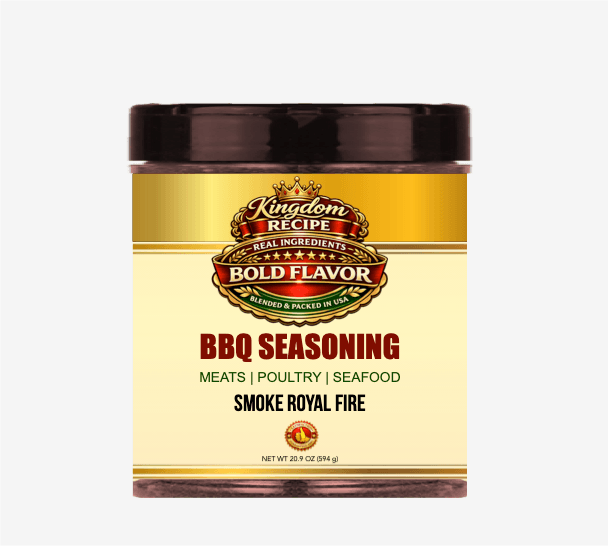 Kingdom Recipe Smoke Royal Fire BBQ Seasoning jar featuring a gold label and black lid.