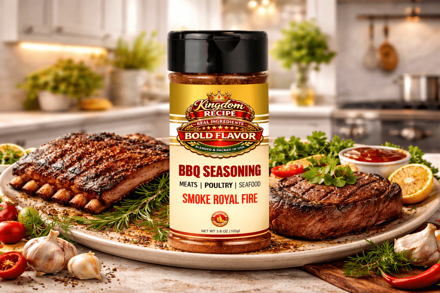 Kingdom Recipe BBQ Seasoning bottle centered between grilled ribs and steak on a garnished platter.