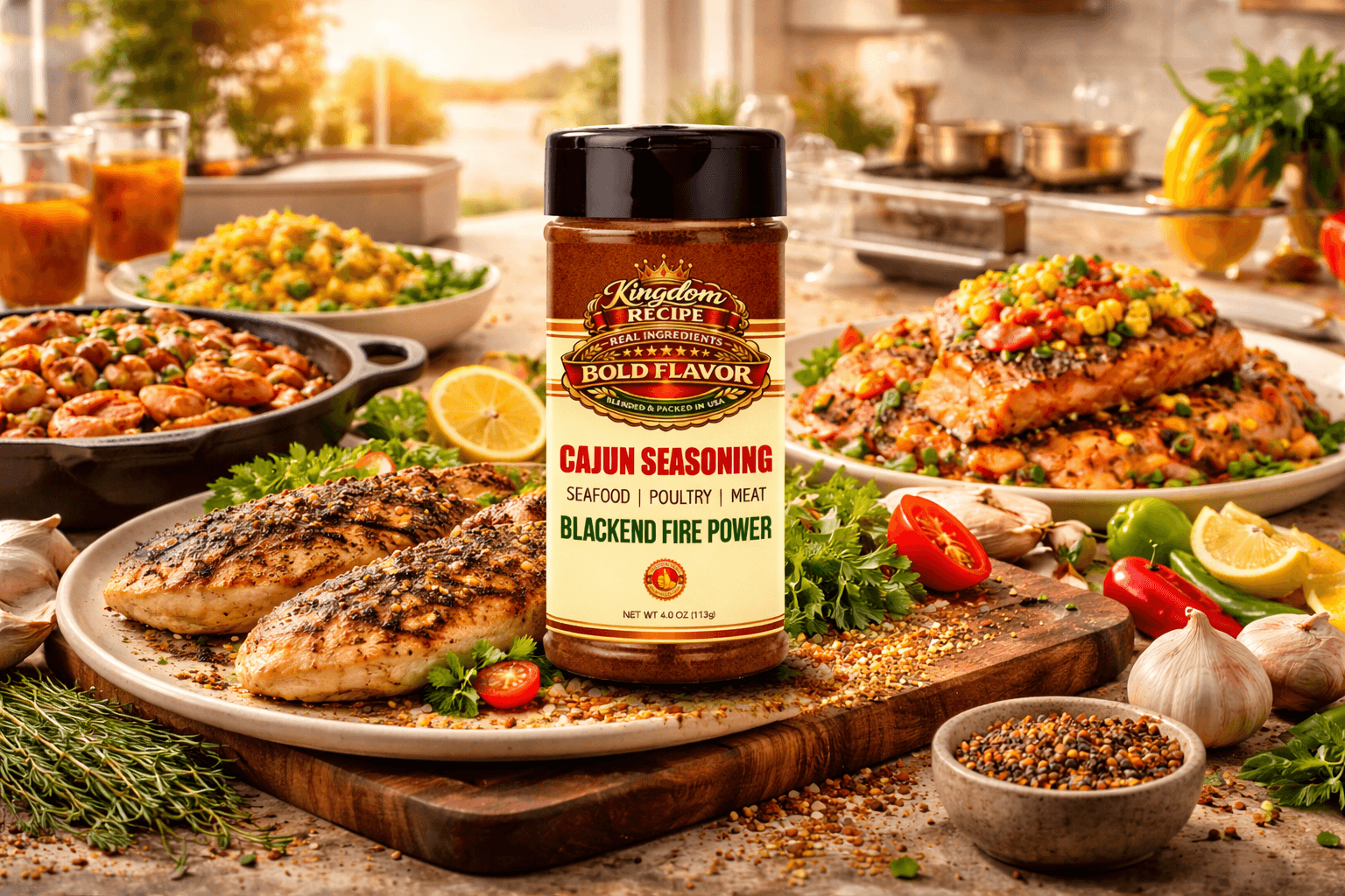 Kingdom Recipe Cajun Seasoning bottle surrounded by grilled chicken, shrimp, and salmon dishes.