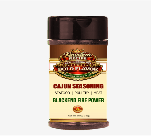 Kingdom Recipe Cajun Seasoning bottle, Blackend Fire Power, for seafood, poultry, and meat.