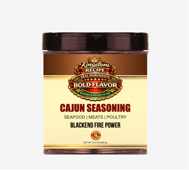 Kingdom Recipe Cajun Seasoning jar labeled Blackend Fire Power for seafood, meats, and poultry.