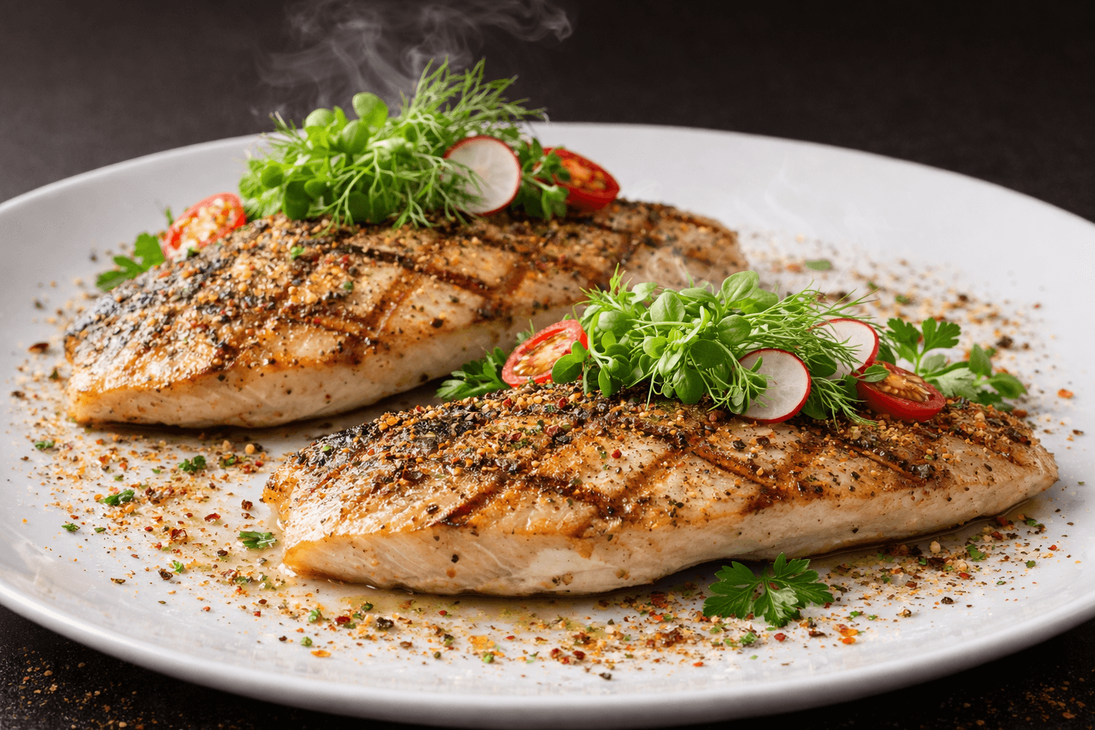 Two steaming grilled fish fillets garnished with microgreens, radishes, and cherry tomatoes on a plate.