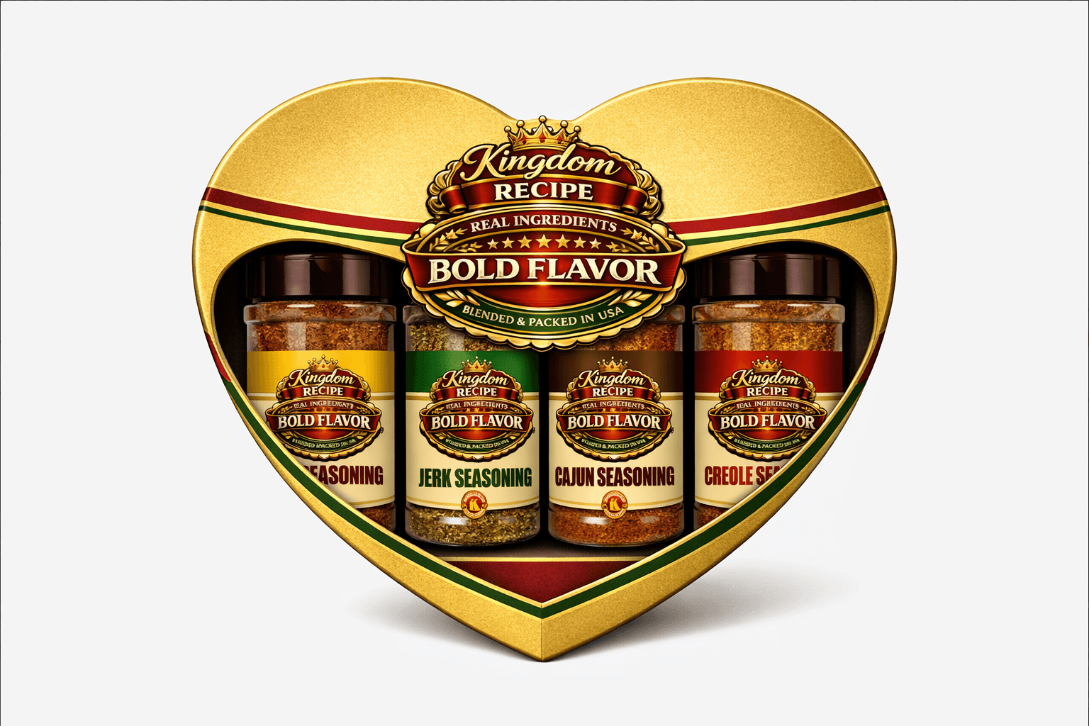 Gold heart-shaped gift box containing four jars of Kingdom Recipe bold flavor seasonings.