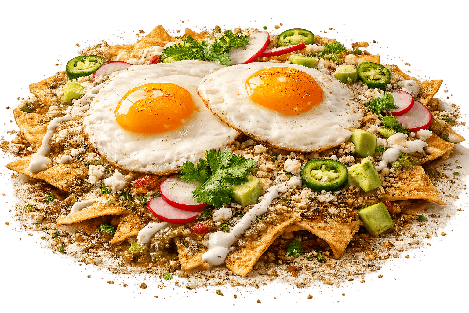 Chilaquiles with two fried eggs, radishes, jalapeños, avocado, and cilantro against a black background.