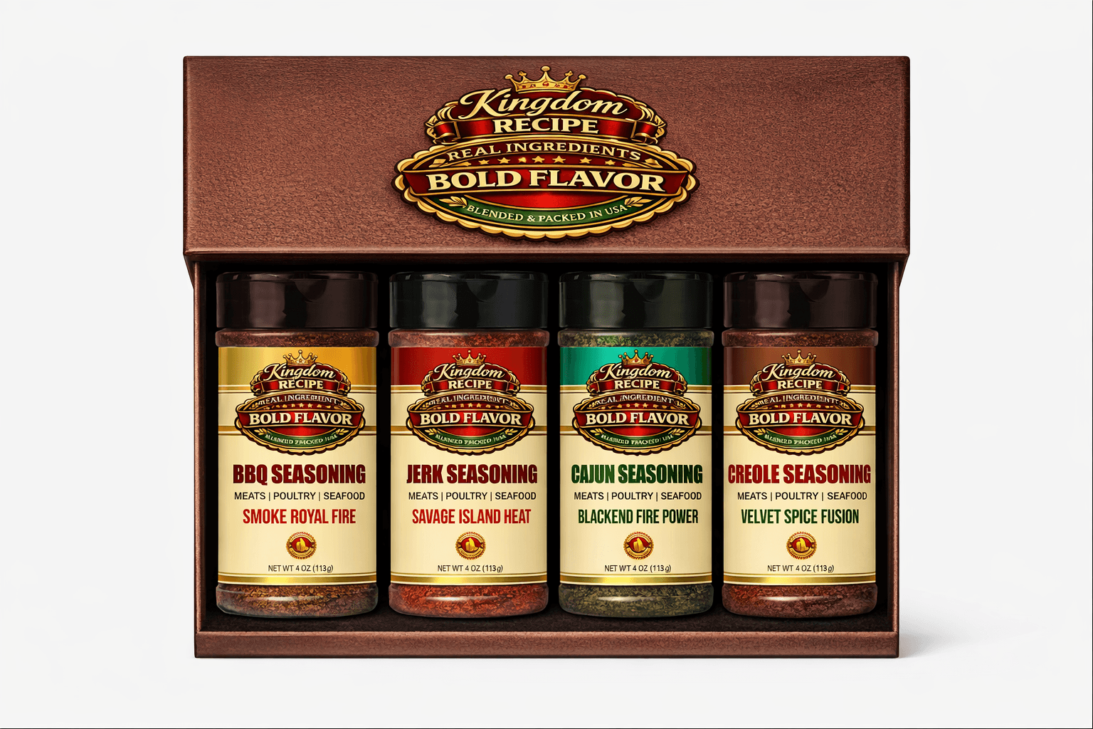 Kingdom Recipe gift box containing four jars of BBQ, Jerk, Cajun, and Creole seasonings.