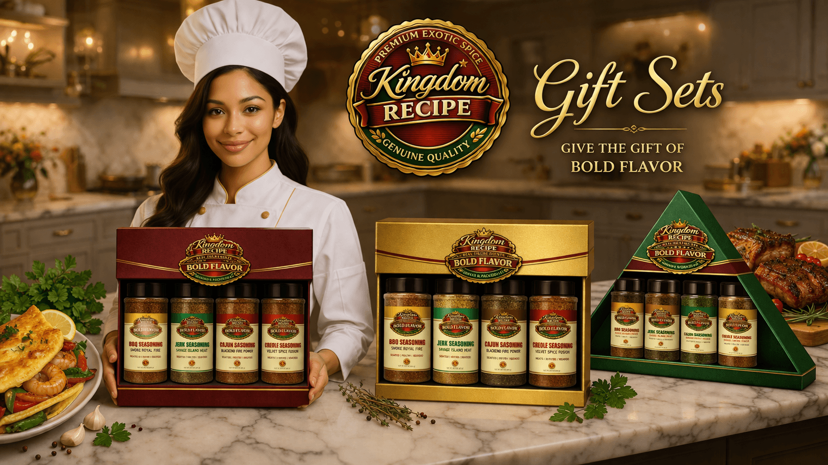 Female chef presenting Kingdom Recipe spice gift sets in a kitchen with prepared dishes.