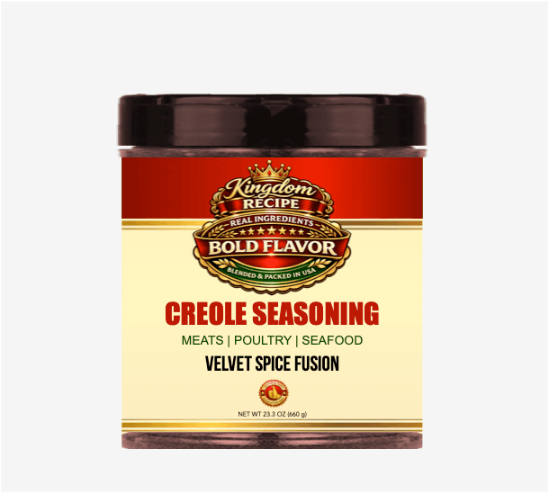 Kingdom Recipe Creole Seasoning jar featuring a bold red and cream label with gold accents.
