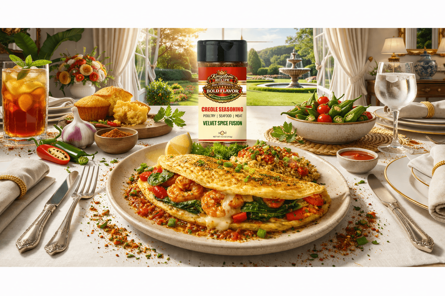 Shrimp omelet with spinach and peppers beside a bottle of Kingdom Recipe Creole seasoning.