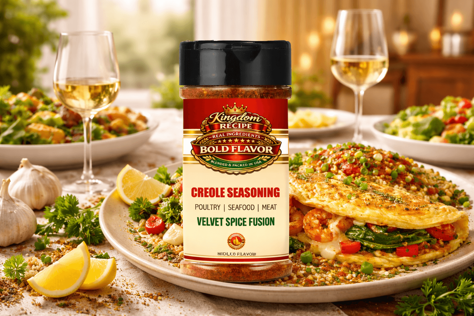 Kingdom Recipe Creole Seasoning bottle displayed with a gourmet shrimp meal and white wine.