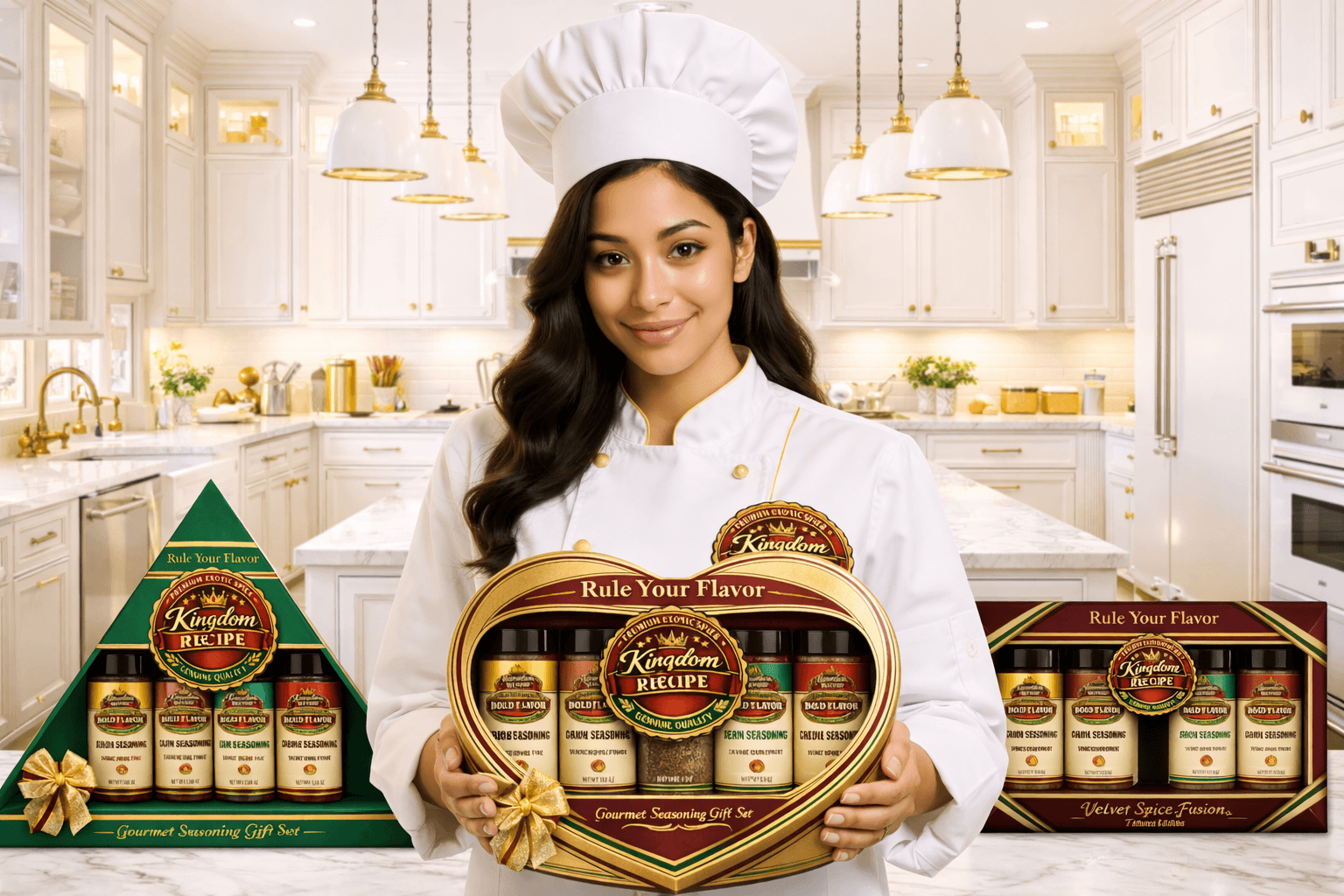 Smiling chef holding a heart-shaped Kingdom Recipe seasoning gift set in a white kitchen.