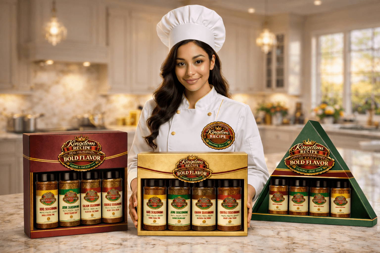 Female chef in white uniform presenting three Kingdom Recipe Bold Flavor seasoning gift sets.