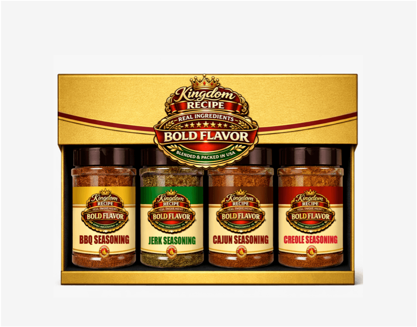 Kingdom Recipe bold flavor gift set with BBQ, Jerk, Cajun, and Creole seasoning jars.