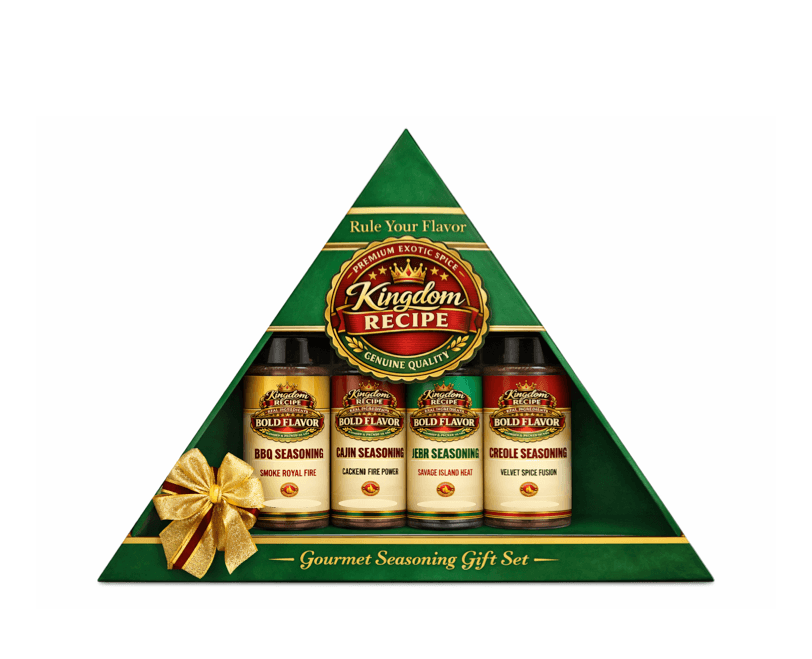 Kingdom Recipe gourmet seasoning gift set in a green triangular box with a gold bow.