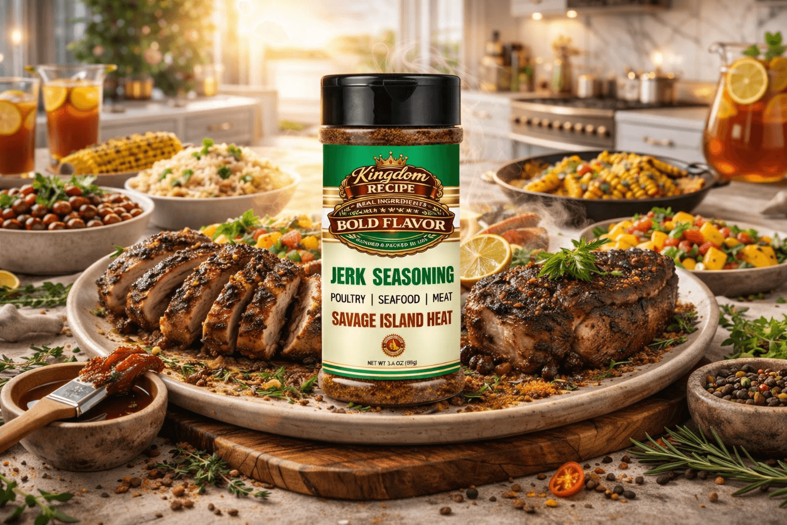 Kingdom Recipe Jerk Seasoning bottle centered before a platter of sliced grilled meat and sides.