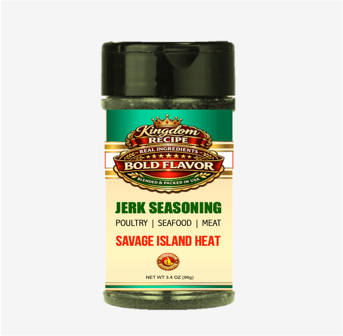 Kingdom Recipe Savage Island Heat Jerk Seasoning shaker jar for poultry, seafood, and meat.