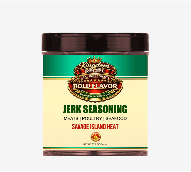 Kingdom Recipe Jerk Seasoning jar, Savage Island Heat blend for meats, poultry, and seafood.