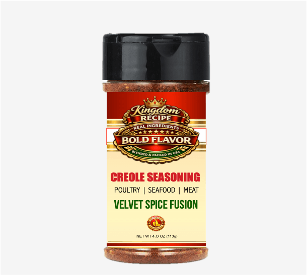 Kingdom Recipe Creole Seasoning bottle featuring a red and gold label with a black cap.