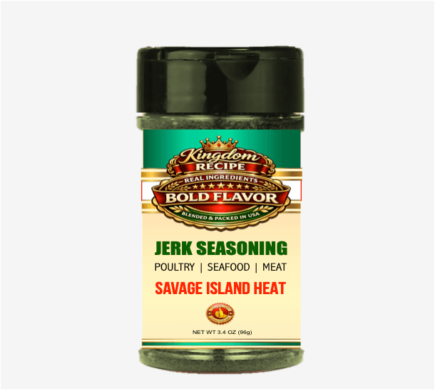 Kingdom Recipe Jerk Seasoning bottle labeled Savage Island Heat for poultry, seafood, and meat.