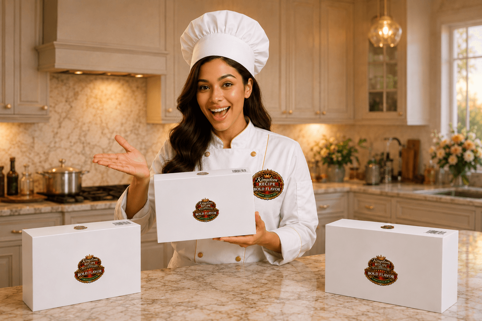 A cheerful chef presents Kingdom Recipe Bold Flavor boxes on a marble kitchen counter.