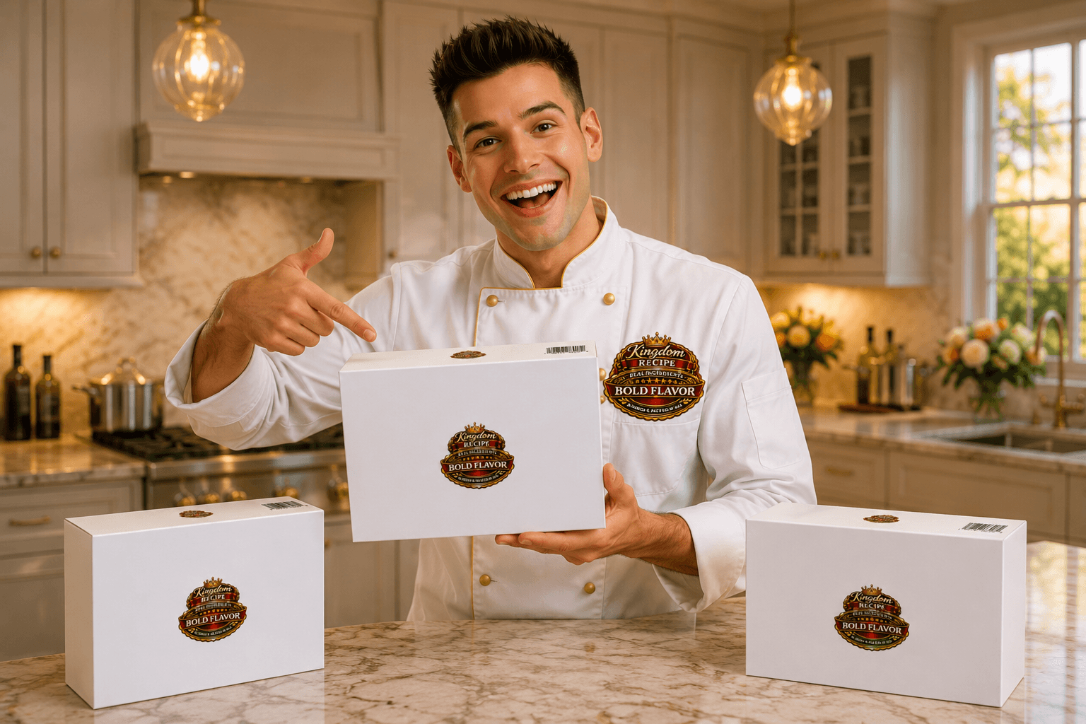 Smiling chef in white uniform points to a Kingdom Recipe box in a modern kitchen.