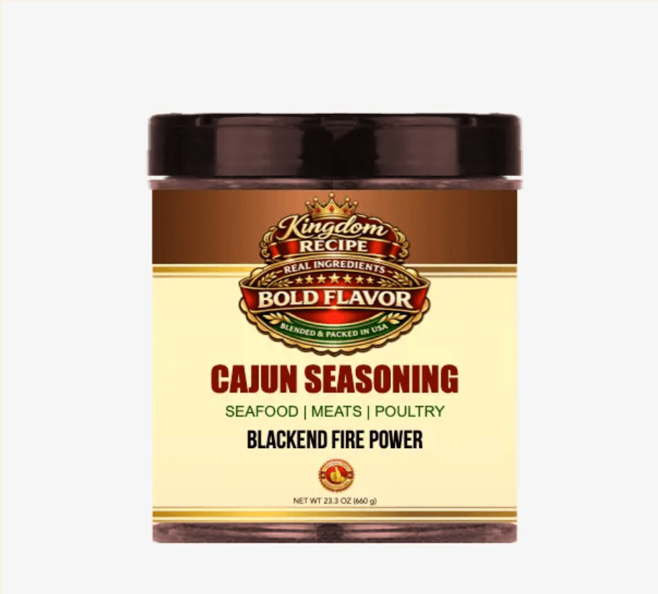 Kingdom Recipe Cajun Seasoning jar featuring Bold Flavor and Blackend Fire Power for meats.