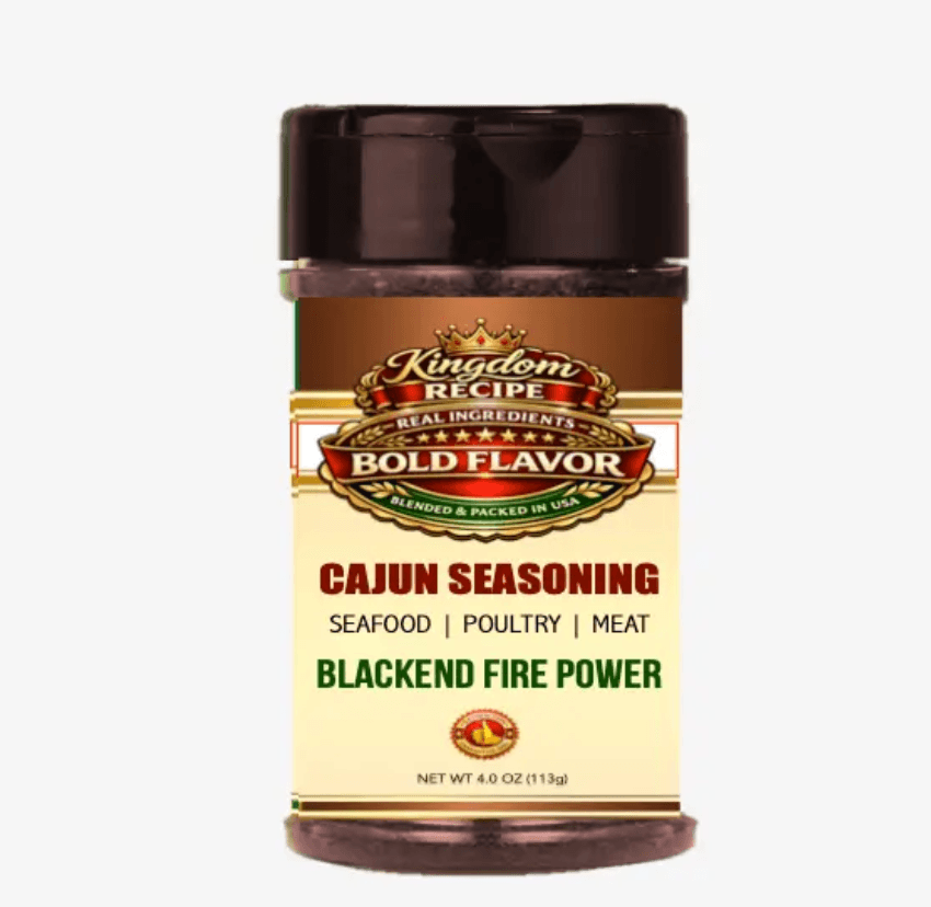 Kingdom Recipe Cajun Seasoning Blackend Fire Power bottle for seafood, poultry, and meat dishes.