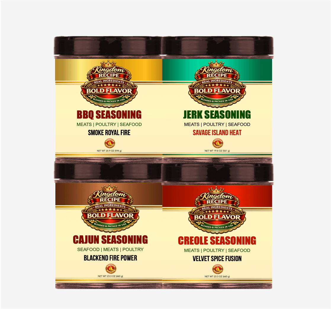 Four jars of Kingdom Recipe seasonings: BBQ, Jerk, Cajun, and Creole, each with bold labels.